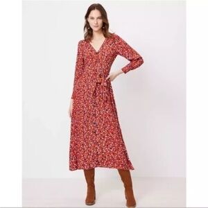 LOFT Colorful Spotted V-Neck Tie Waist Midi Button Front Shirtdress Long Sleeve